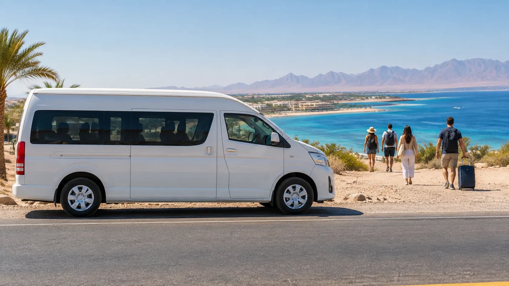 White passenger van beside a coastal road as four travellers, one pulling a suitcase, walk toward blue water and mountains