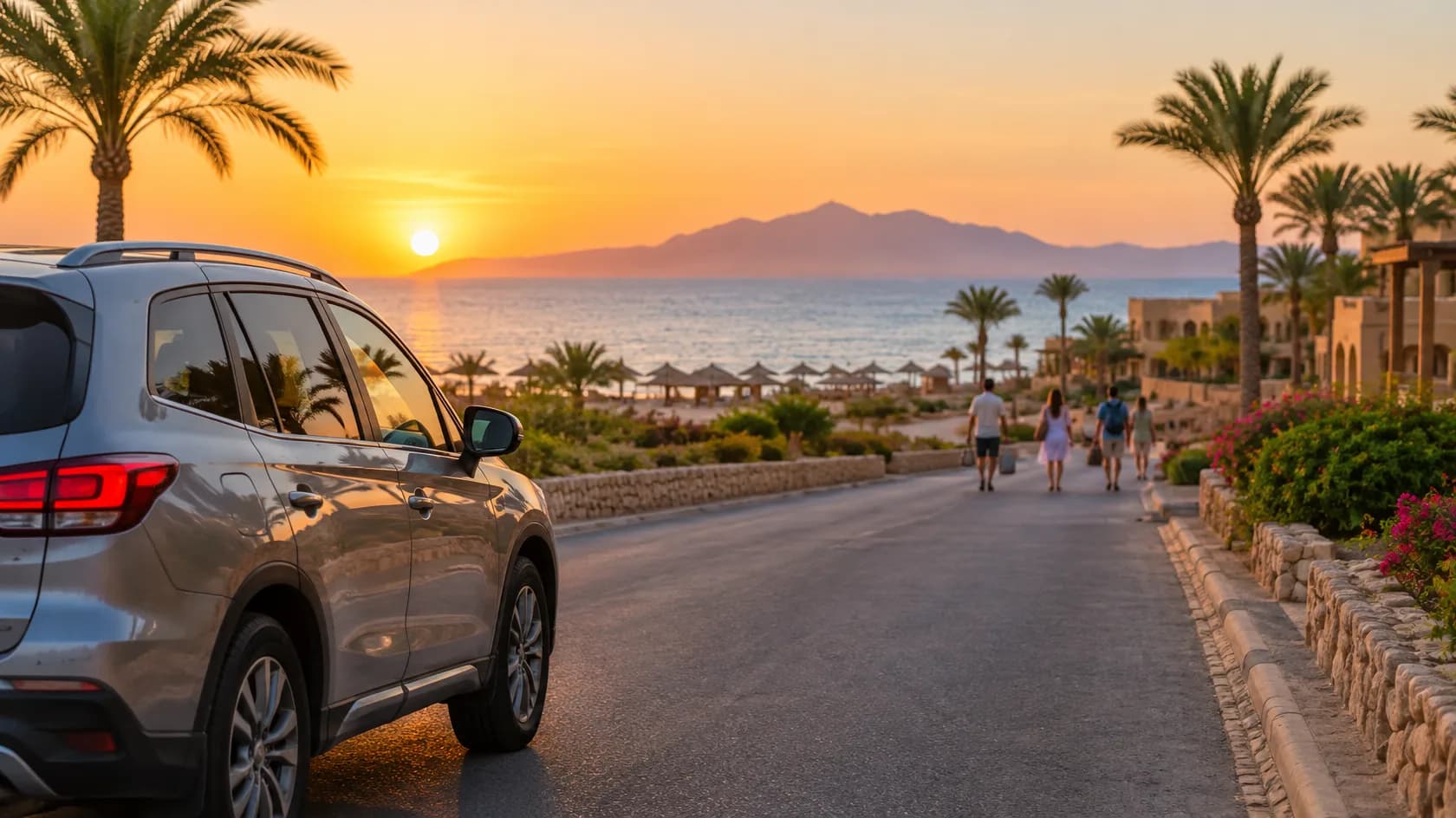 Silver SUV seen from the side and rear on a palm-lined resort road at sunset, with people walking toward a beach with umbrellas