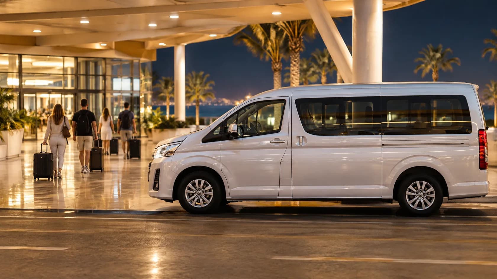 White van parked under a lit terminal canopy at night as four travelers with rolling luggage walk to the entrance
