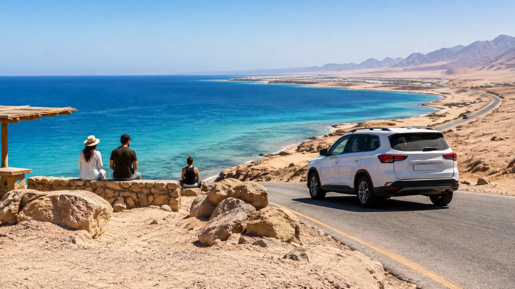 White SUV on a coastal road beside a deep blue sea, three travellers seen from behind at a rocky desert overlook